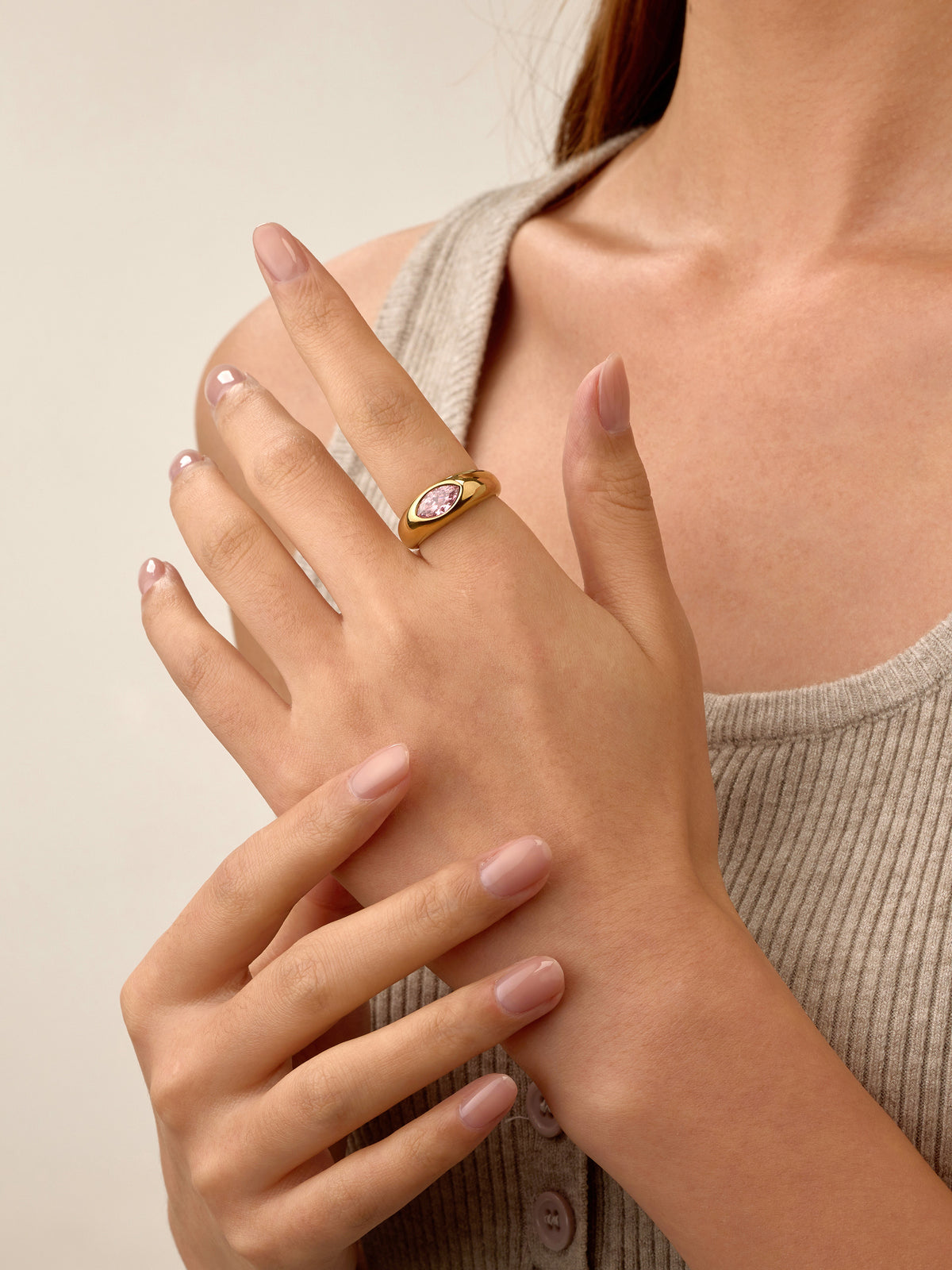 Anel Birthstone Outubro Turmalina Rosa Dourado