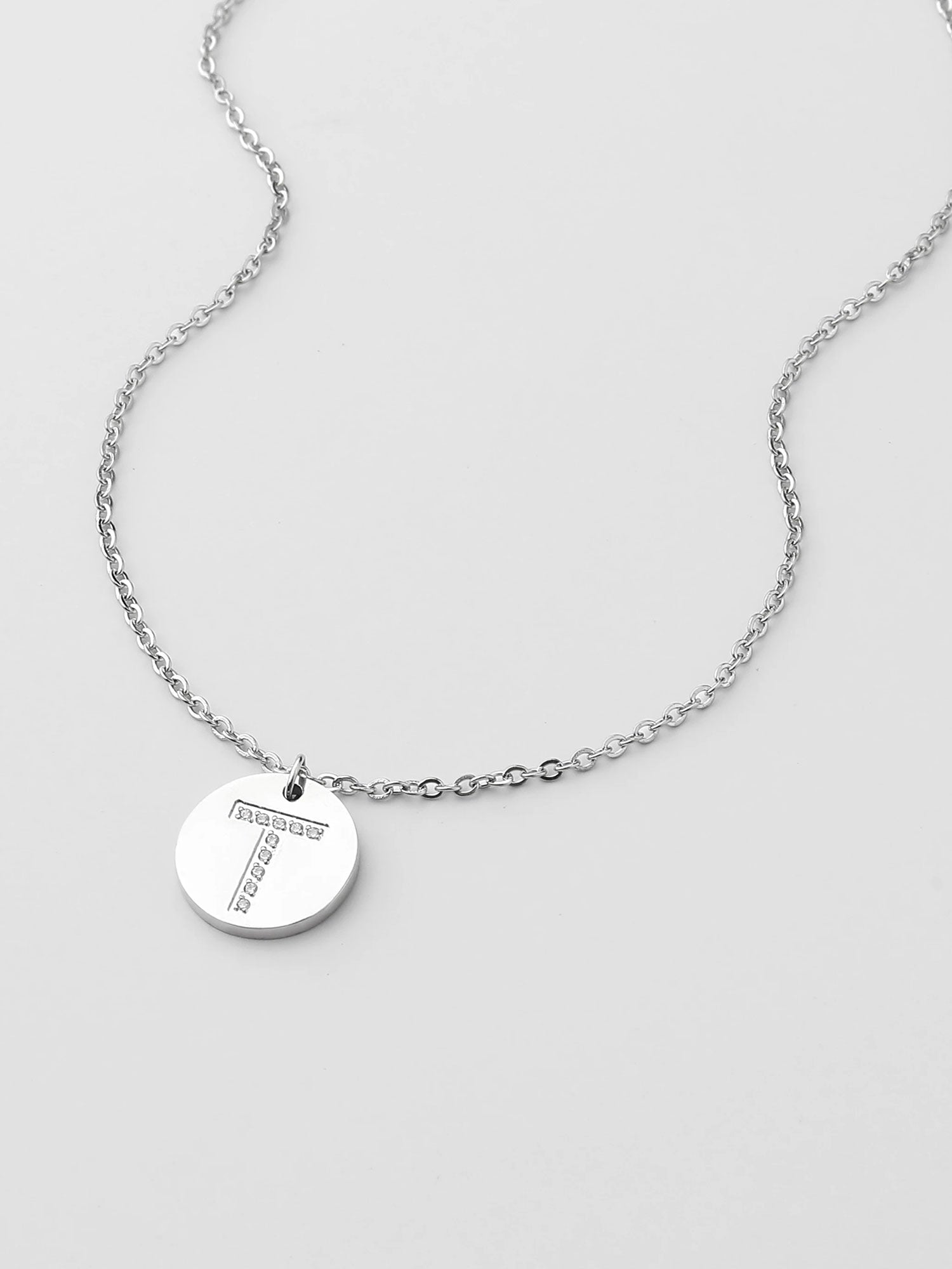 Colar Inicial T medalhão Prateado Brillante